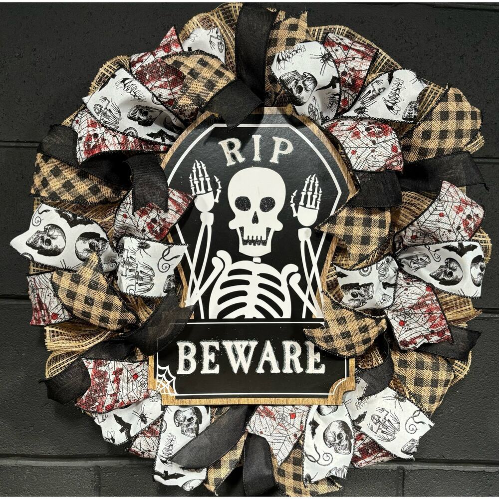 Halloween Wreath~Rustic Brown, Black, White Skeletons~Large~Front Door~Handmade